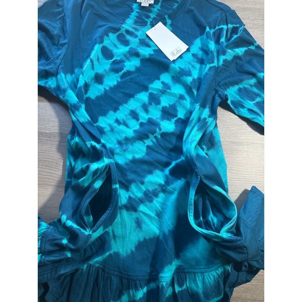 NWT LOGO Lori Goldstein L Tie Dye Tunic Top Blue Teal Ruffle Hem Pockets - Picture 4 of 7